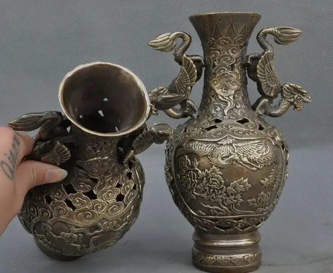 SHUN 8 &quotСтарый Китайский Фэншуй Бронзовый дракон феникс птица статуя Зун чашка
