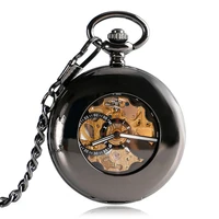vintage automatic mechanical pocket watch men hollow exquisite chain smooth case pendant watches mens retro black hour clock