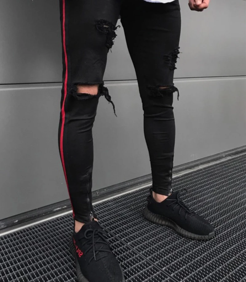 Мужские джинсовые рваные джинсы с полосками сбоку модные обтягивающие