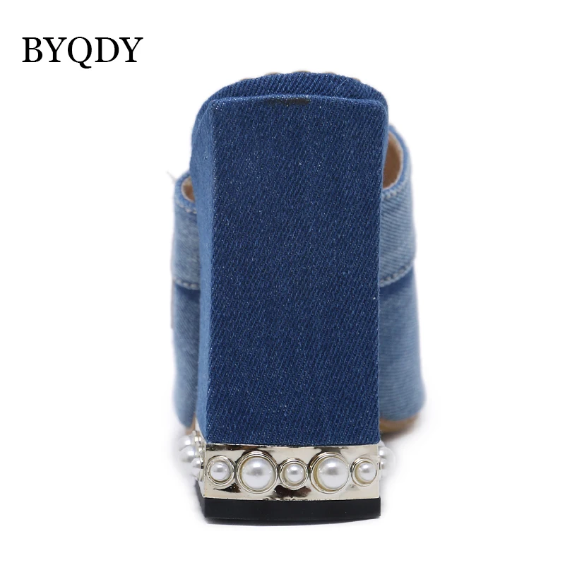 BYQDY Women Sandals Designer Denim Peep Toe High Heels Open Pearl Thick Heel Mules Sides Pumps Valentine Love Shoes | Обувь