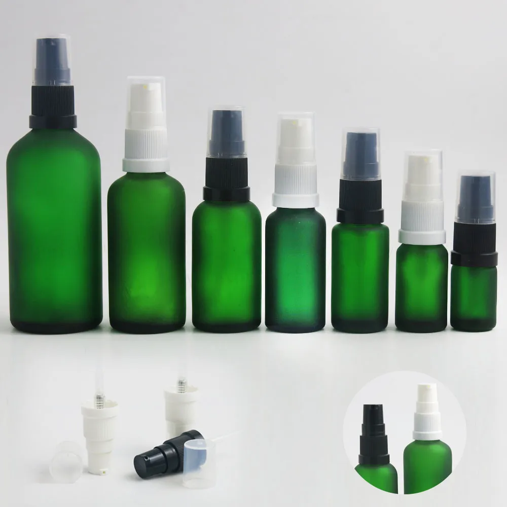 

12 x Refillablel Frost Green Glass lotion Bottle Container Cream Shampoo Bottle With pum 5ml 10ml 15ml 20ml 30ml 50ml 100ml