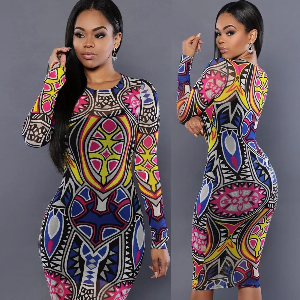 Зимнее платье, сексуальное женское платье в этническом стиле, с принтом тату, черное облегающее платье с длинным рукавом, посылка, облегающее платье для вечеринок S2379