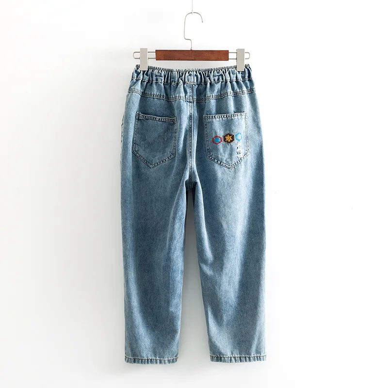 Harem Denim Pants Embroidery Loose Calf Length Plus Size Women High Elastic Waist 2019 Summer Casual Pants Denim Lady  3XL