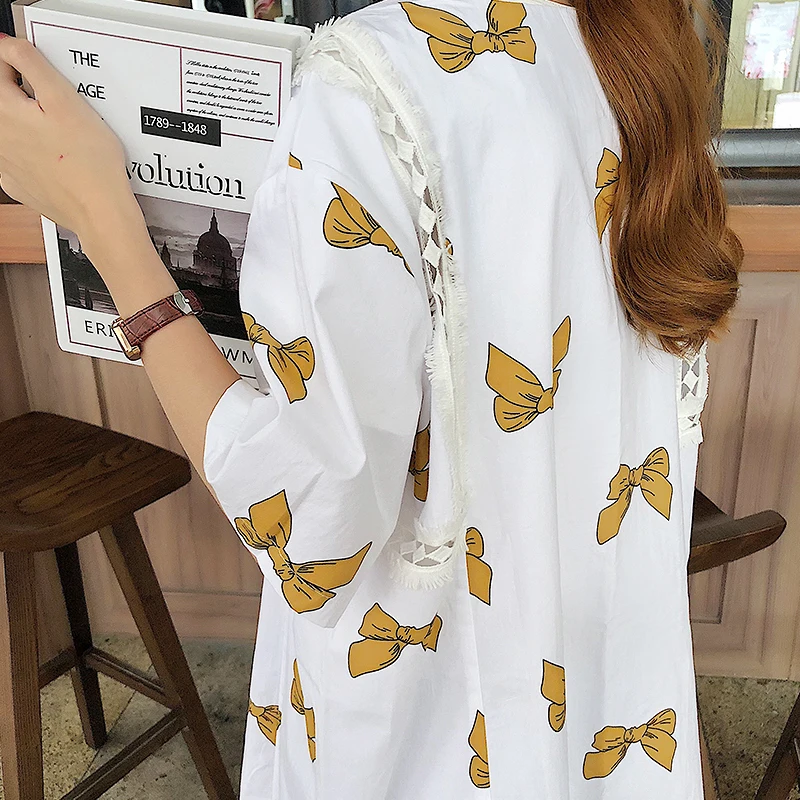 sweet summer new v-neck short sleeve lace hollow out bow print straight mini-dress fashion brand Korean style Women's Clothing | Женская
