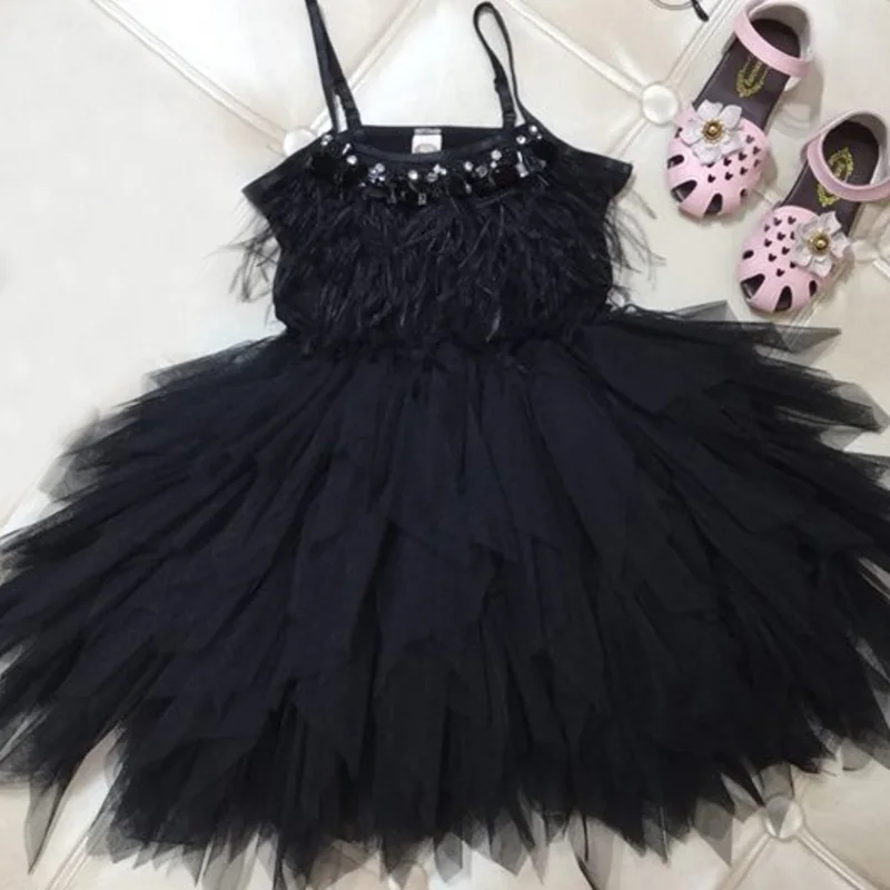 Black Модное платье с кисточками и перьями для девочек 2-10 лет; нарядные платья для девочек на свадьбу; детское платье принцессы; костюм на день рождения; детская одежда - Цвет: Black