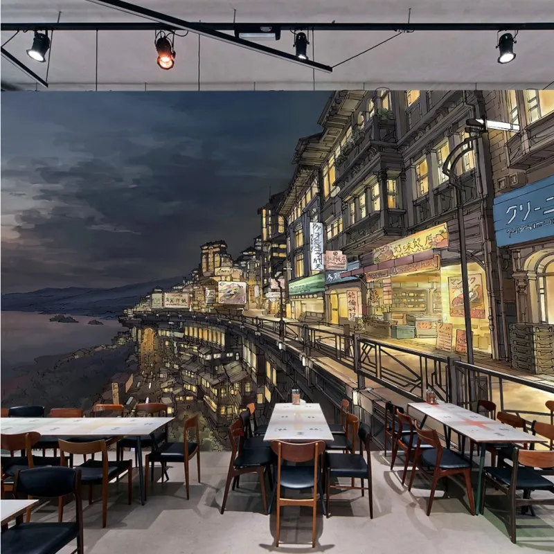 Фотообои ручной работы мультфильм японский Осака улица японская кухня фон обои