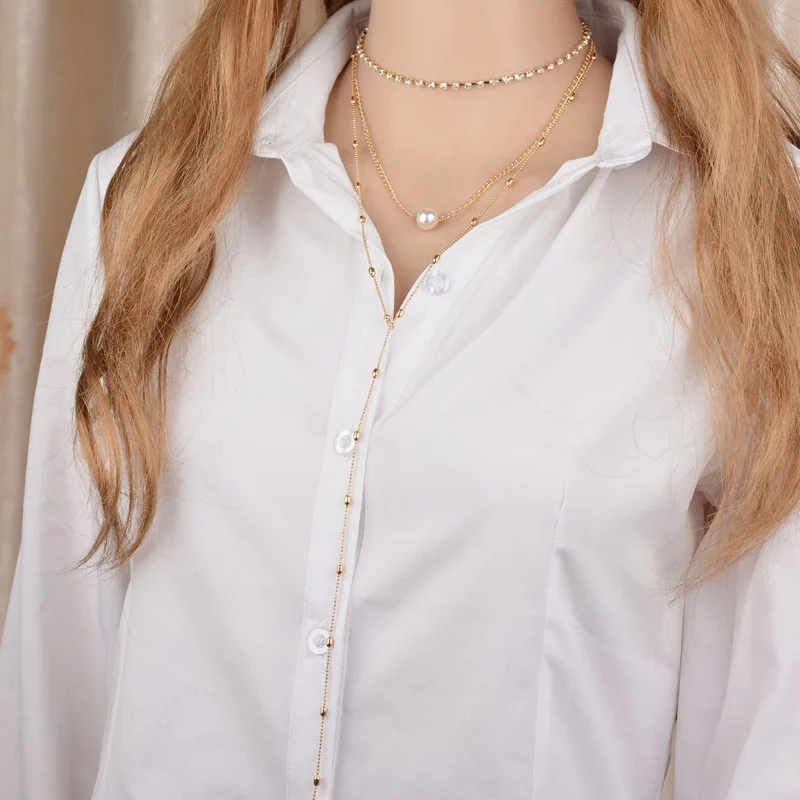 3 слойная Модная Золотая цепь с кисточками жемчужный шар подвеска со стразами