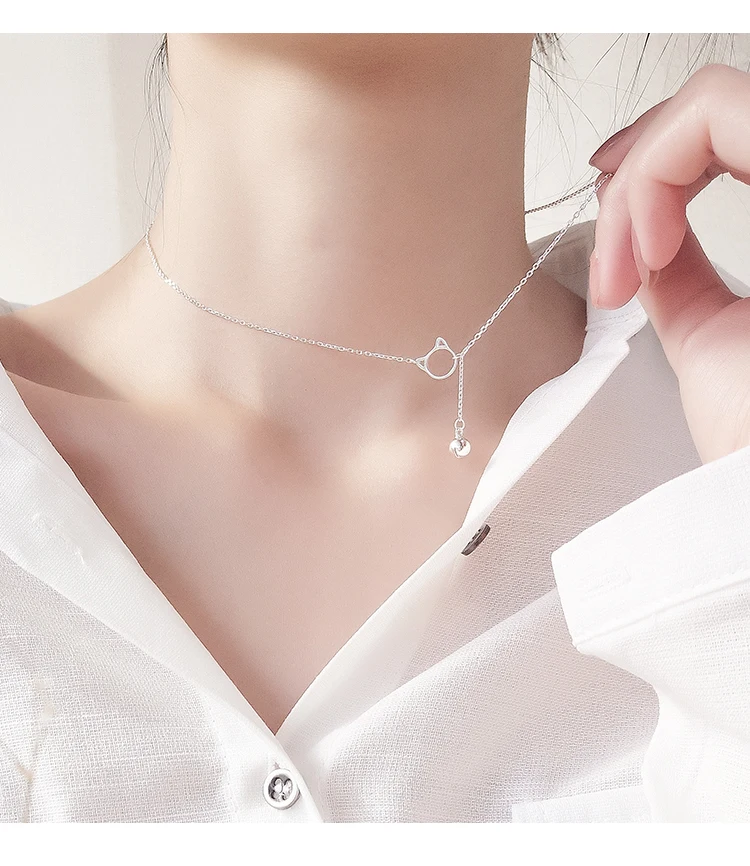 S925 Серебряное яркое колье с колокольчиками Женская Корейская кошка ключица цепь простая Шея цепь