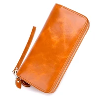 brand design genuine oil waxing leather double zipper women wallets large capacity zipper purse 2018 multi card bit card wallet