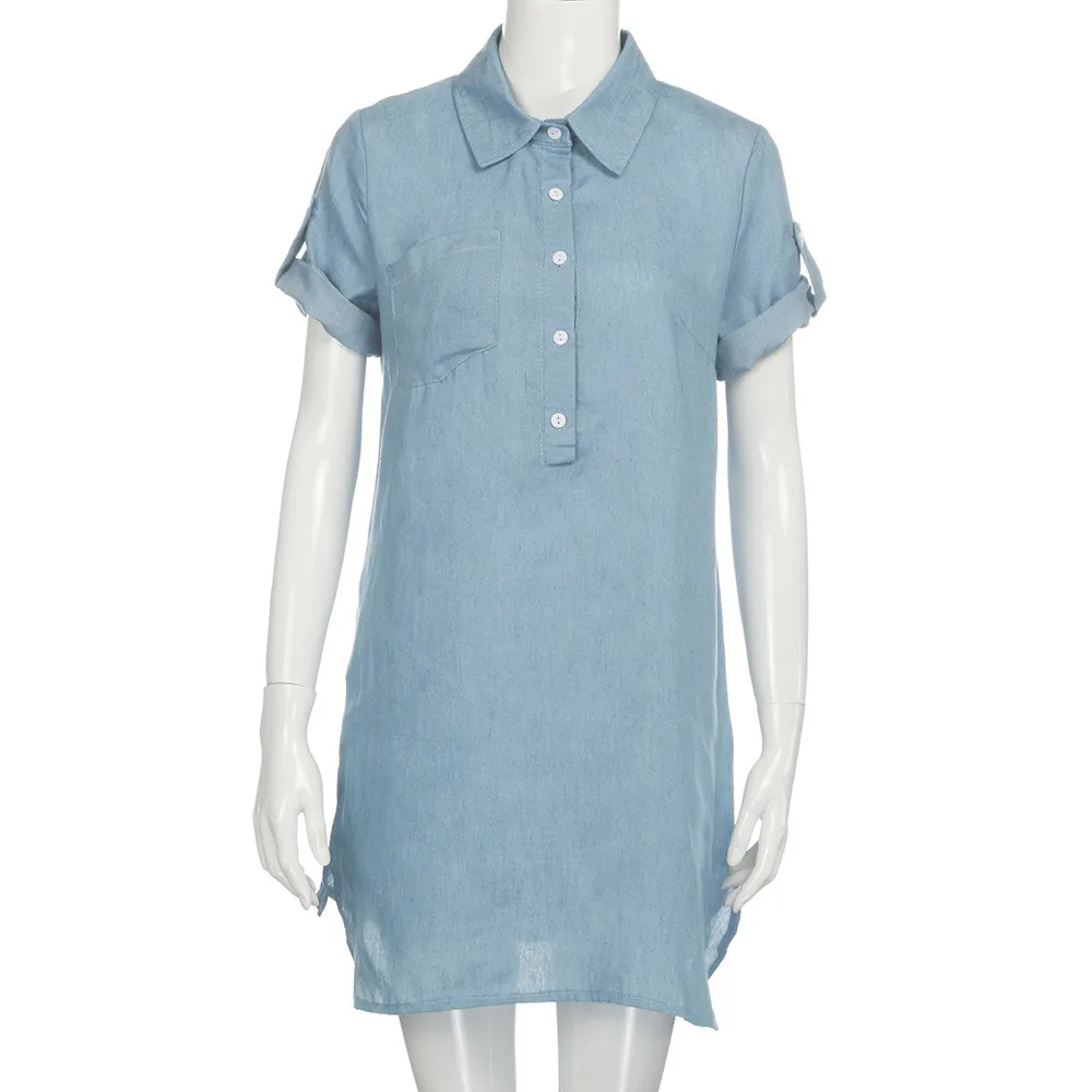 Женское джинсовое платье с коротким рукавом однотонное мини отложным воротником