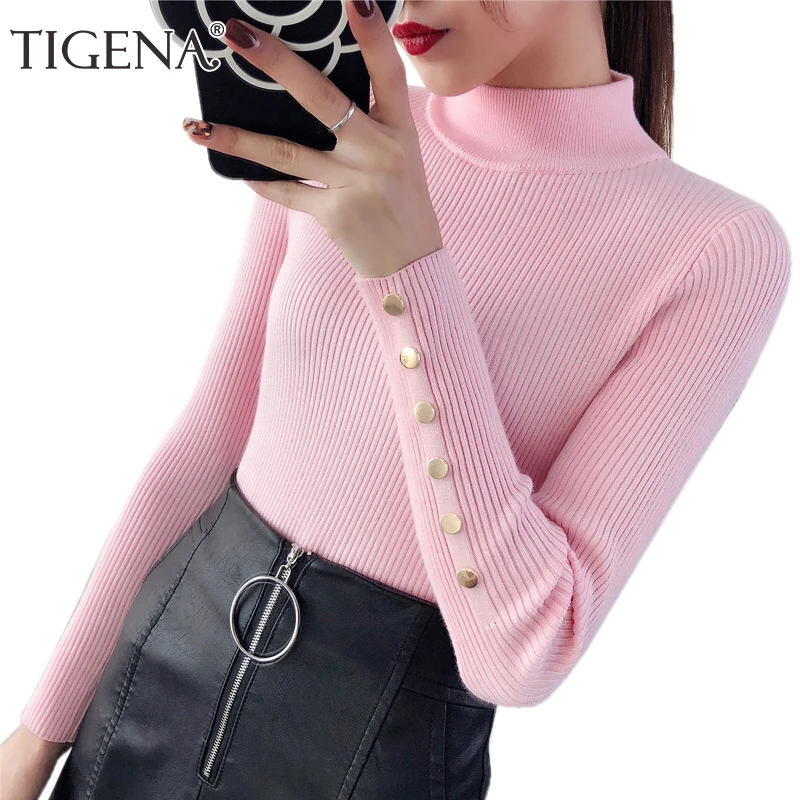 TIGENA Button Sleeve Warm Turtleneck Sweater Women Jumper 2019 Winter Long Knitted Pullover and Female Pull Femme | Женская одежда