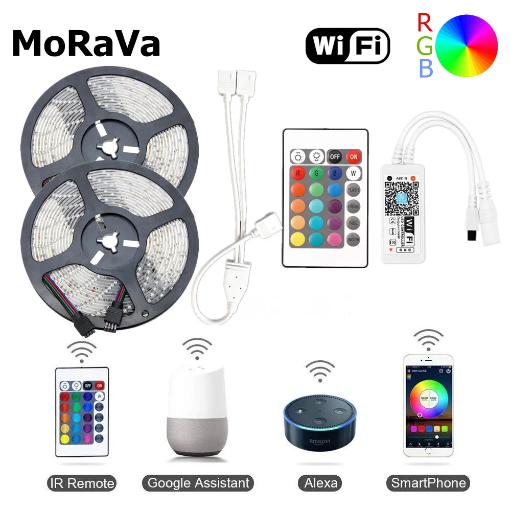 2x 5m 24key WiFi 5 м 10 м WiFi RGB светодиодный Диодная лента SMD 2835 12 В водонепроницаемый Светодиодный светильник полоса 300 светодиодный s Гибкая веревочная лампа+ WiFi светодиодный контроллер без питания - Испускаемый цвет: 2x 5m 24key WiFi