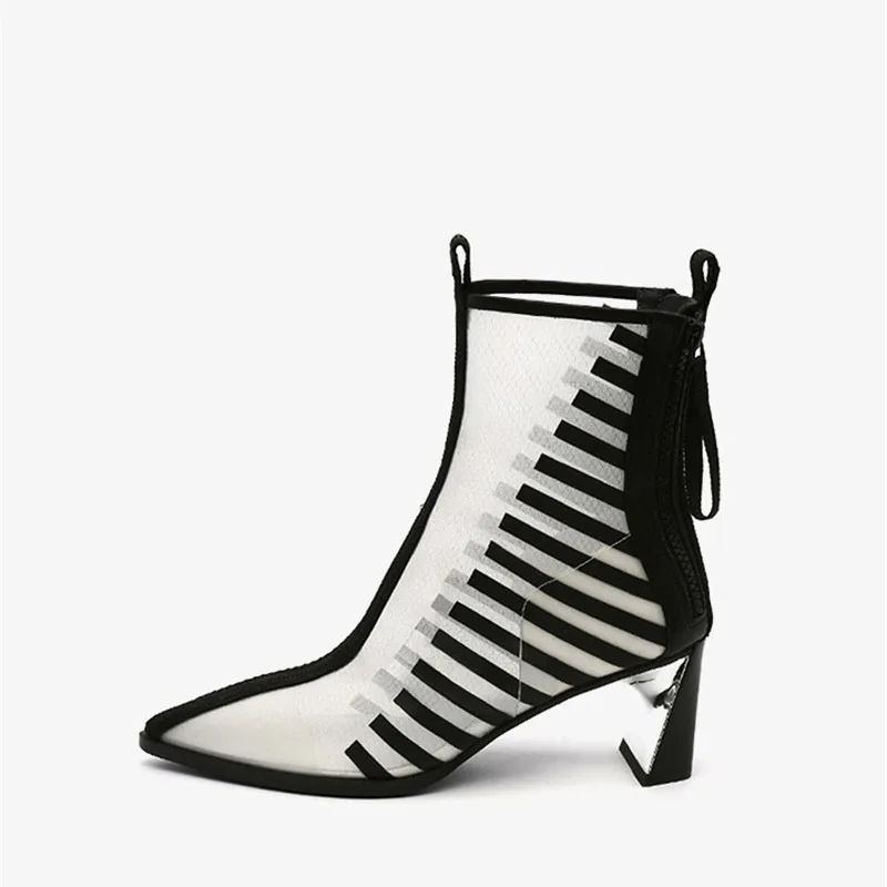Summer Boots Breathable Mesh Pointed Toe Short Booties Fashion Women Pumps 6 cm High Heels Spring White Black HL143 MUYISEXI