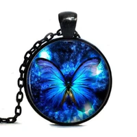 blue butterfly necklace glass art pendant butterfly necklace steampunk new chain jewelry gift men women boy necklaces