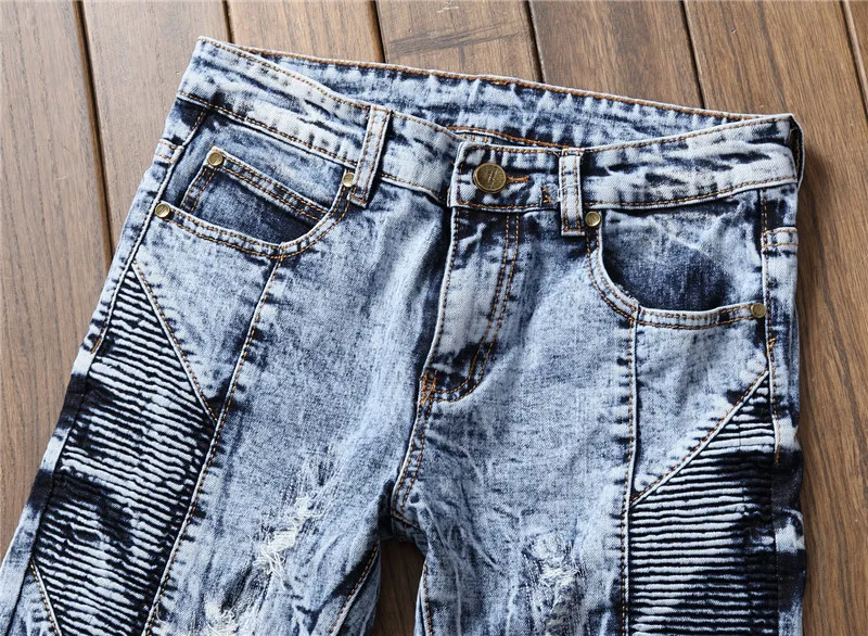 2017 new brand Men's Zipper Jeans Men Slim Fit Straight Moto Punk Dark Long Designer Nightclubs Mens Pleated Blue Pants | Мужская