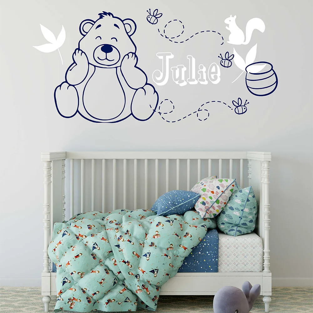 

Nursery Wall Decal Cute Heart Bear Personalized Children Name Removable Wall Art Vinyl Crib Room Animal Baby Bear Theme 737N-B