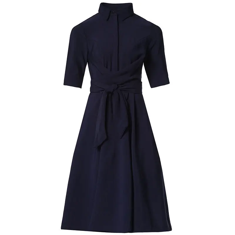 Женское платье с рукавом до локтя выше колена темно-синее бальное поясом модное