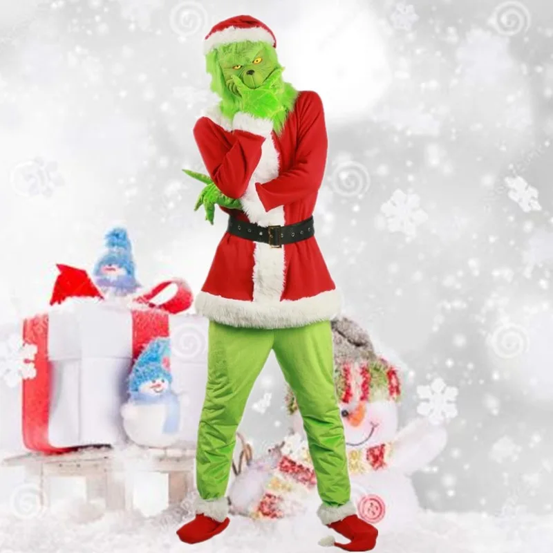 Grinch Mask How Santa Cosplay Costume Stole Christmas Suit Outfits Adult Cosumt with |
