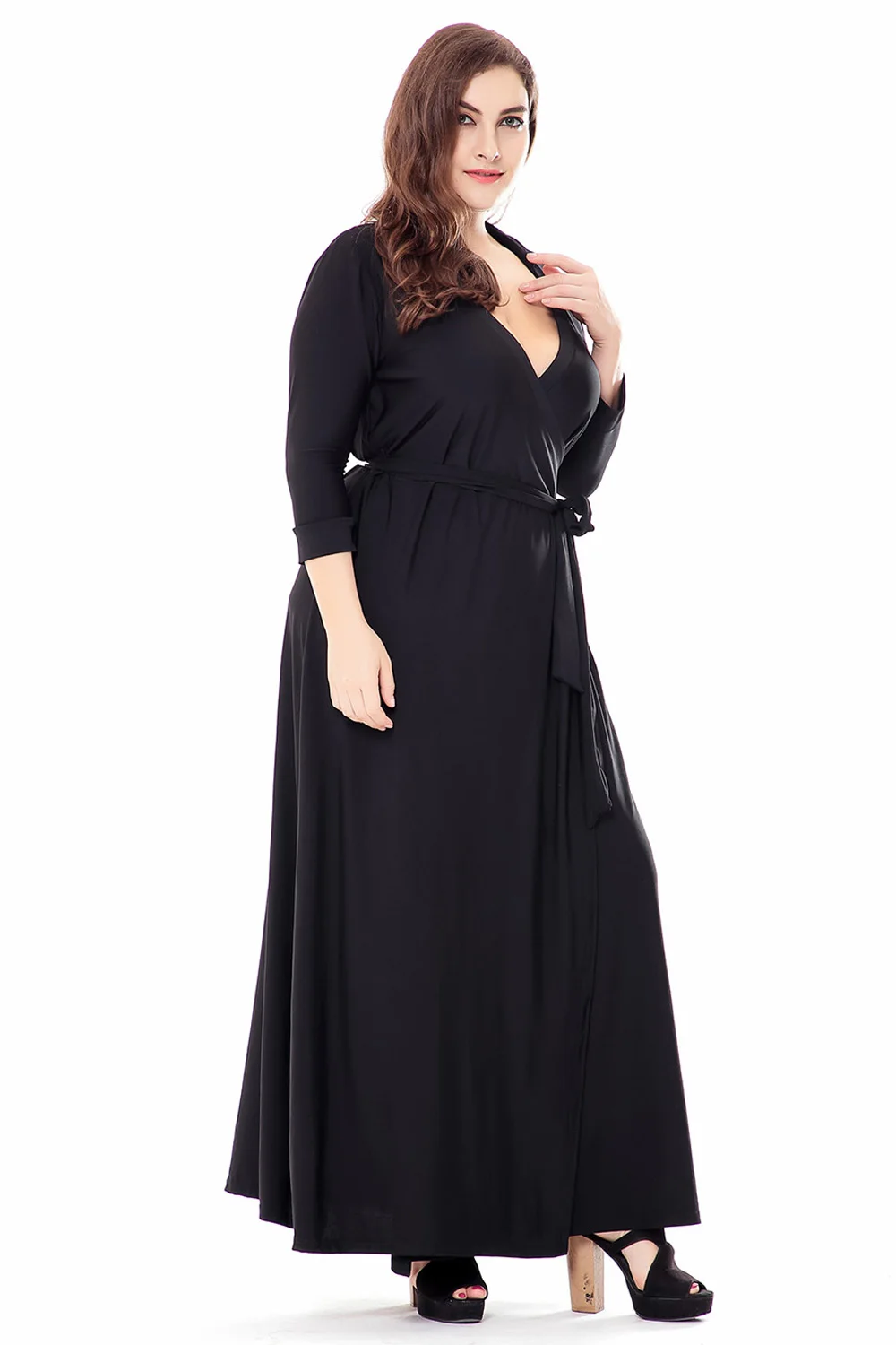 Европейское черное платье большого размера 6XL женское длинное с запахом и