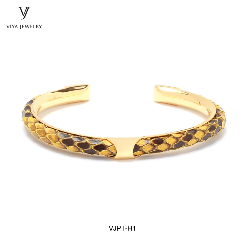 glossy yellow gold Роскошные мужские браслеты ручной работы из кожи питона, ювелирный браслет, блестящий желтый шнур из кожи питона и комплектующие черного цвета, мужские браслеты с манжетами - Окраска металла: glossy yellow gold