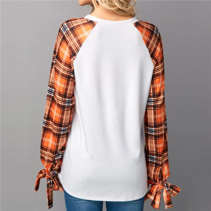 Casual T Shirt Women 2018 Spring Plaid Shirts Patchwork Bow Long Sleeve Tops Tee Femme Blusas Camiseta Mujer | Женская одежда