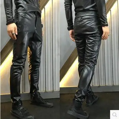 Мужские облегающие кожаные брюки повседневные мотоциклетные из искусственной