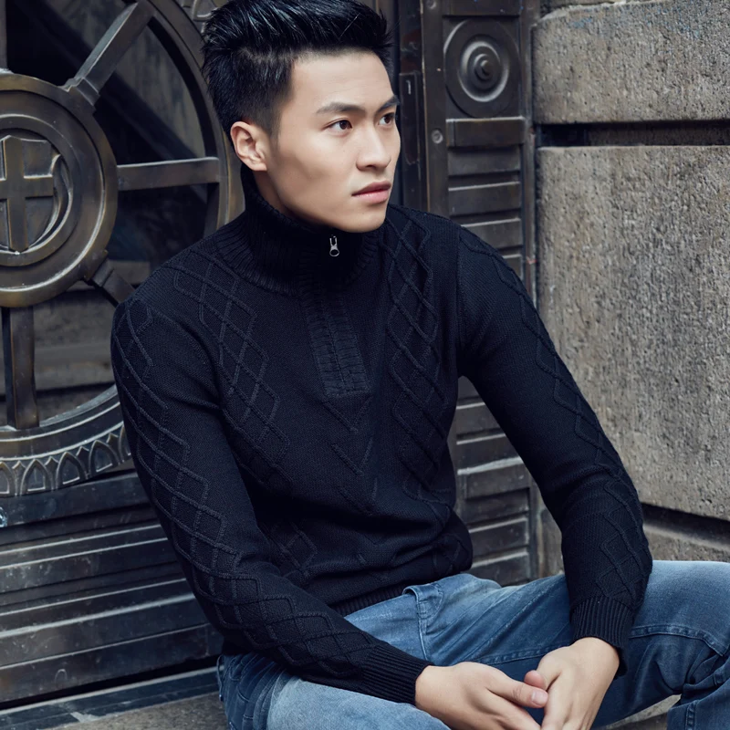 Свитер мужской с высоким воротником Модный повседневный однотонный пуловер