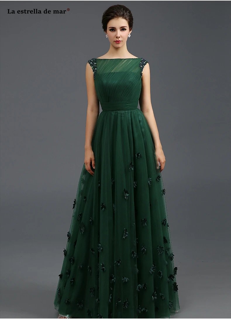 Vestido de madrinha de Casamento Longo Новое фатиновое Лодка шеи Кепки рукавом Бусы линия темно-зеленый вечерние платья элегантные