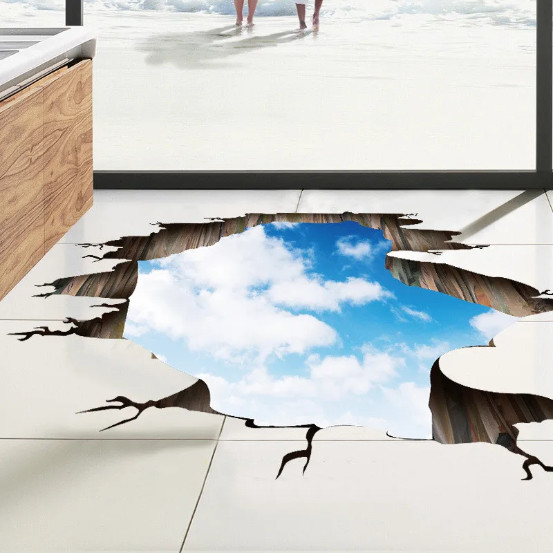 3D Наклейка на стену окно отверстие пейзаж голубое небо белое облако наклейка для