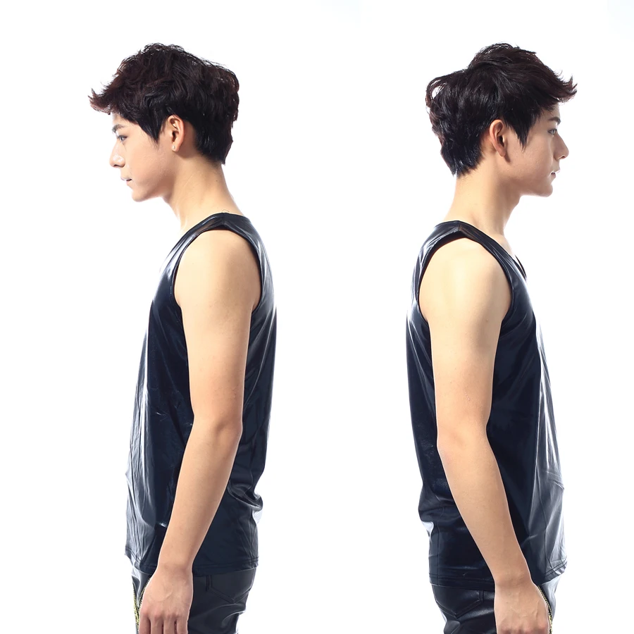 

S-5XL!!Fashionable nightclub Leather vest male slim o-neck solid color tight elastic