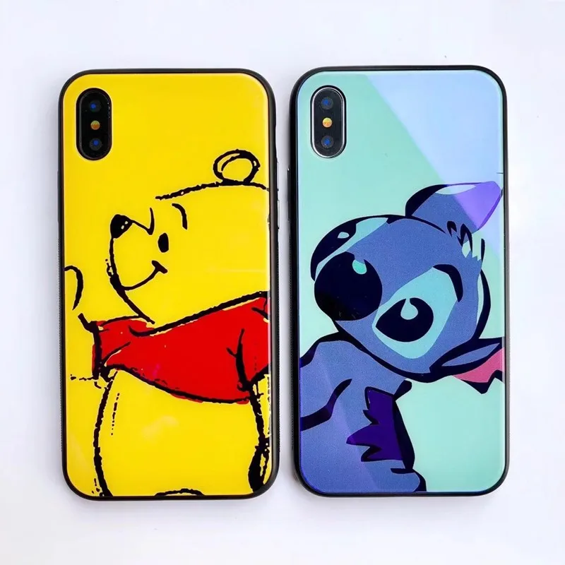 Blue-ray Tempered Glass Phone Case For iPhone XS MAX XR X Pooh Stitch Cute Cartoon TPU Back Cover 7 8 6 6s Plus |