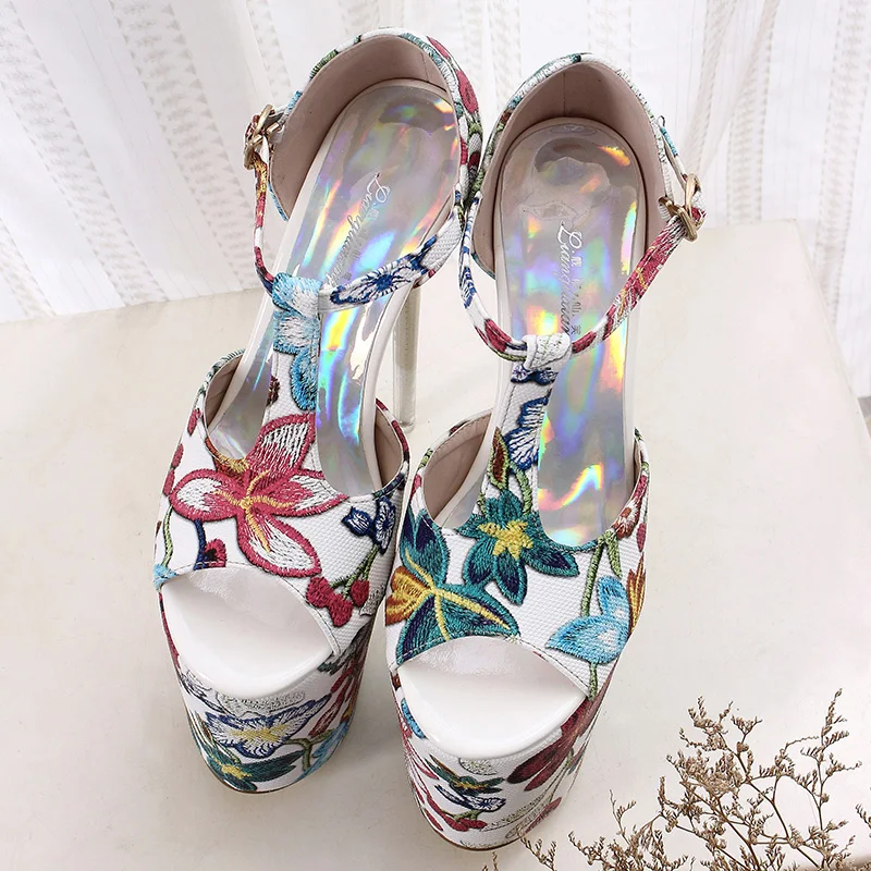 LLXF zapatos/Большие размеры: 34-42, 43, Летние Босоножки с открытым носком и цветочным принтом пикантные туфли на тонком высоком каблуке 20 см для ночного клуба женские туфли-лодочки на шпильке