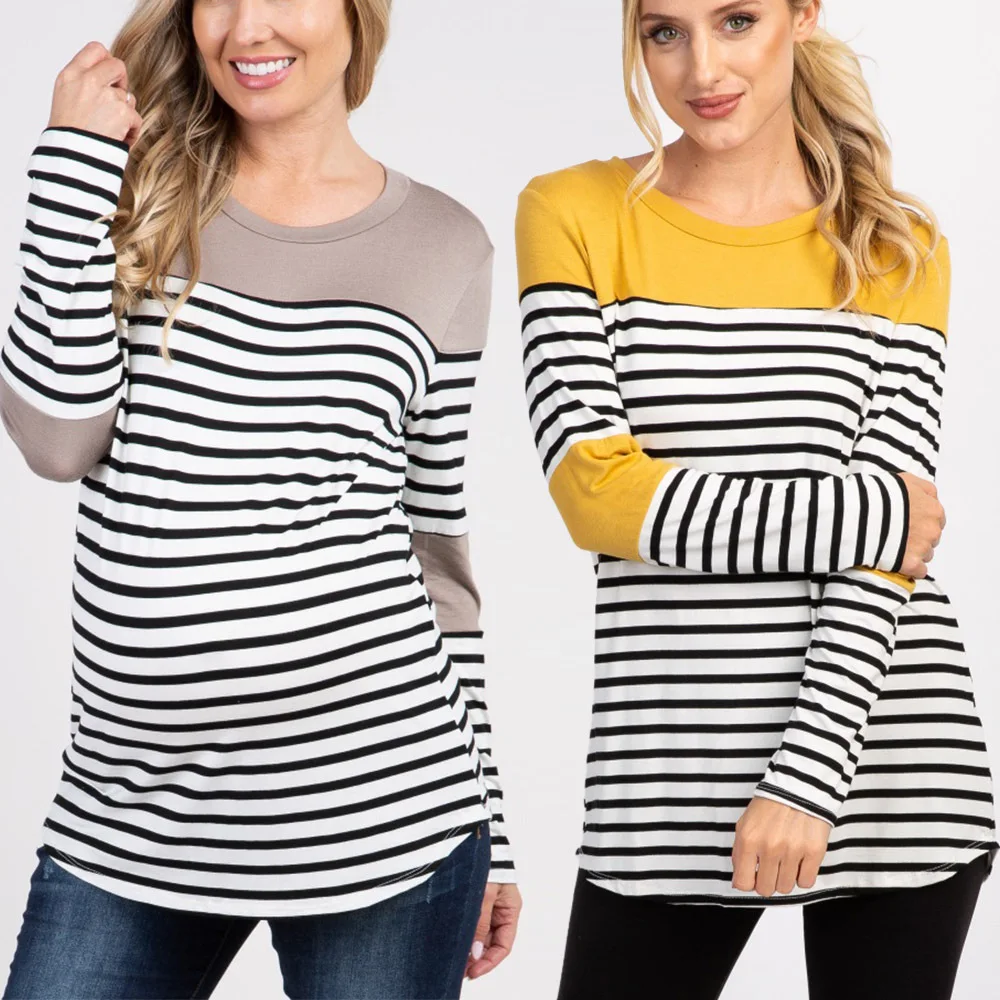 

Pregnant women T-shirt round-collar striped pregnancy shirt maternity long sleeve long summer tops green home maternity