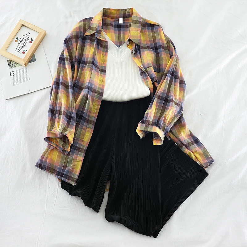 2019 Новая мода Женская Slim-fit Свободный вязаный плед Солнцезащитная рубашка с