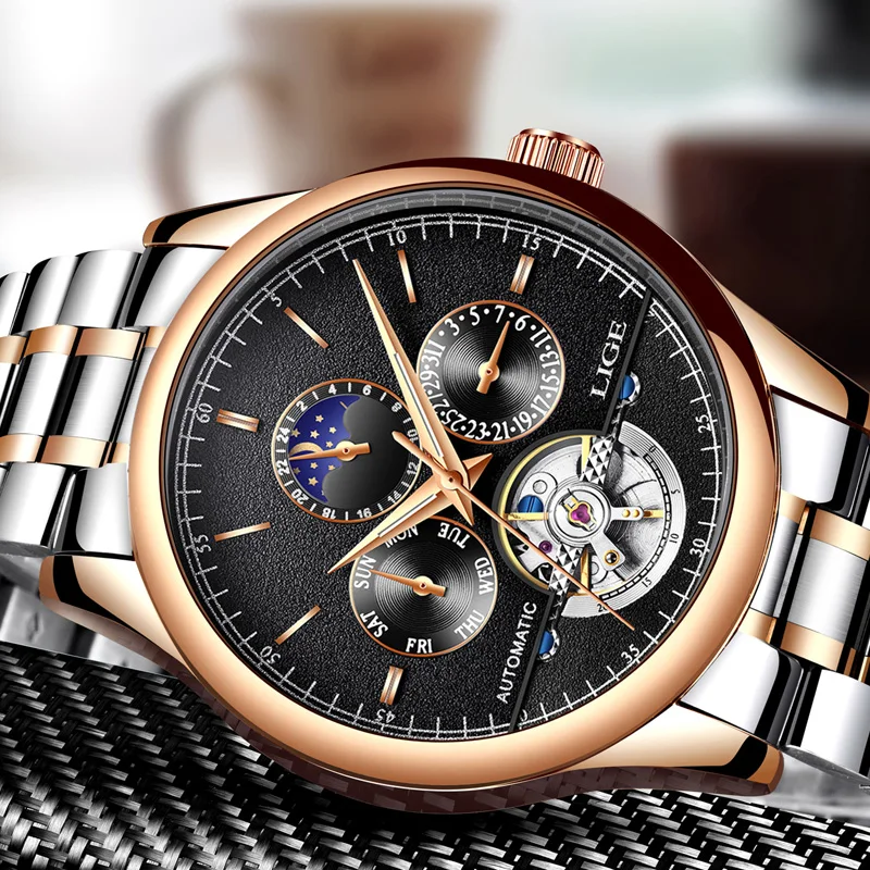 LIGE бренд Для мужчин часы автоматические механические Tourbillon спортивные