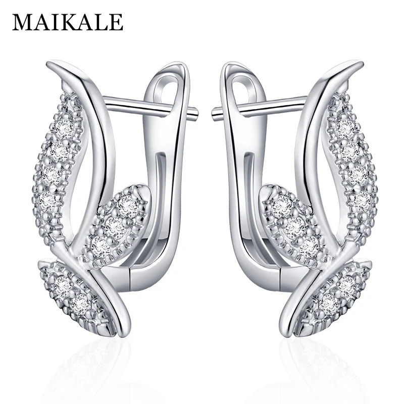 MAIKALE, классические серьги-гвоздики в форме листа с фианитами, покрытые кубическим цирконием, золотые, серебряные серьги с цветком из циркона для женщин, модный подарок
