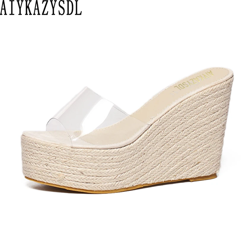 AIYKAZYSDL Women Slippers Mules Clear Transparent Wedge Sandals Cane Hemp Rope Straw Thick Sole Bottom Shoes Platform High Heels