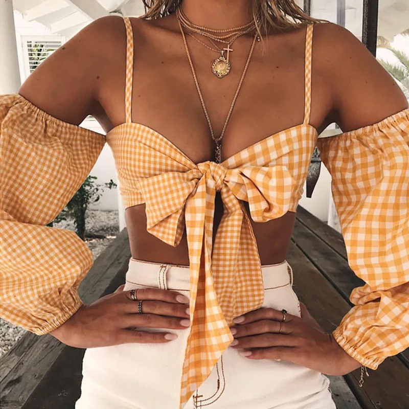 Summer Strapless Plaid Blouse T Shirts Women Solid Fashion Long Sleeve Casual Top Female Office Style Plus Size | Женская одежда