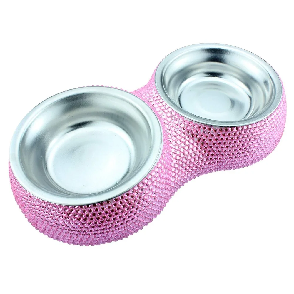Pink Bling украшения с камнями и стразами Металл Нержавеющая сталь двойной закусочной Pet Cat маленькая миска для собак - Цвет: Pink
