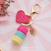 women new macaron cake keychain pu love alloy leaf key chain charm bag pendant key ring best party gift jewelry k3006