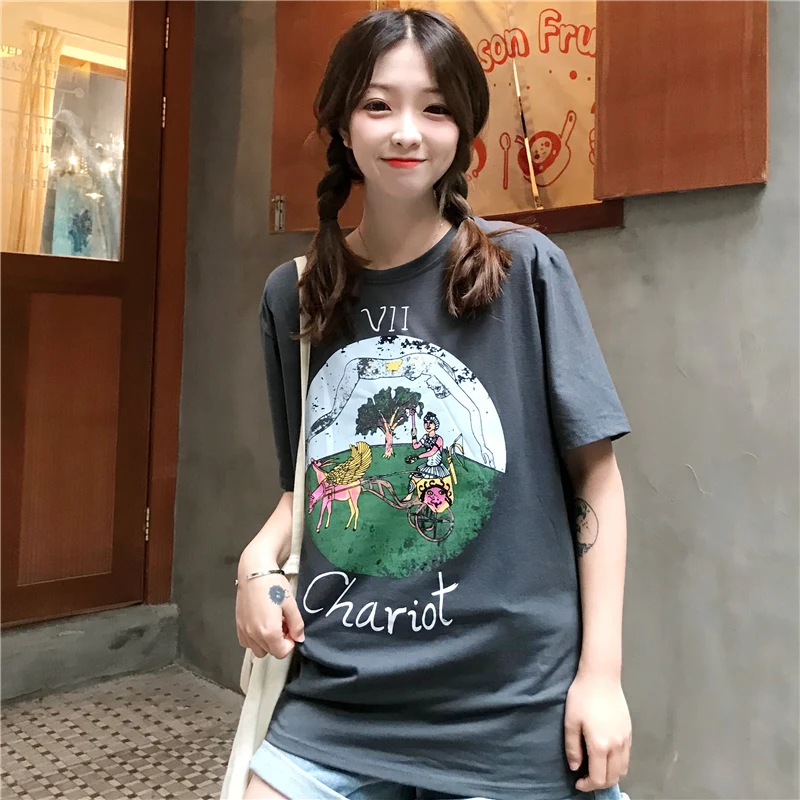 Лето 2019 женские футболки с коротким рукавом винтажные принтом карт Таро