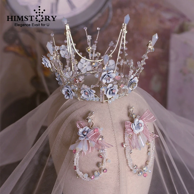 

Handmade Romantic Princess Wedding Tiaras Crown Light Blue Blossom Flower Crown Pageant Prom Headband Hair Accessories