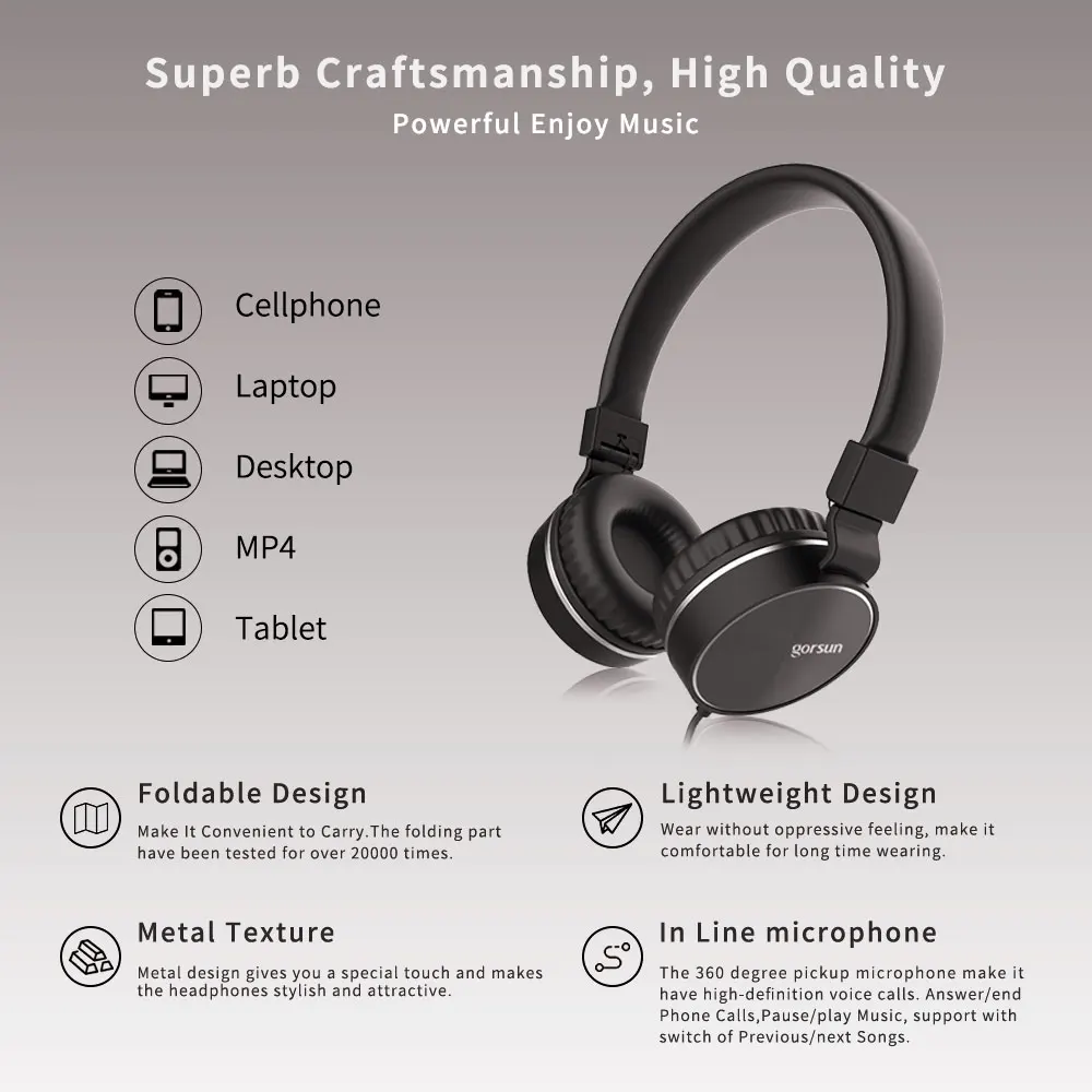 Gorsun легкий HIFI стерео складные проводные наушники регулируемая лента гарнитура с