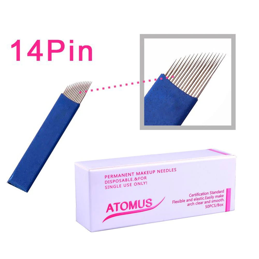 ATOMUS Blue 12 14 Pin перманентное лезвие для татуировки бровей 3D вышивки микроблейдинг
