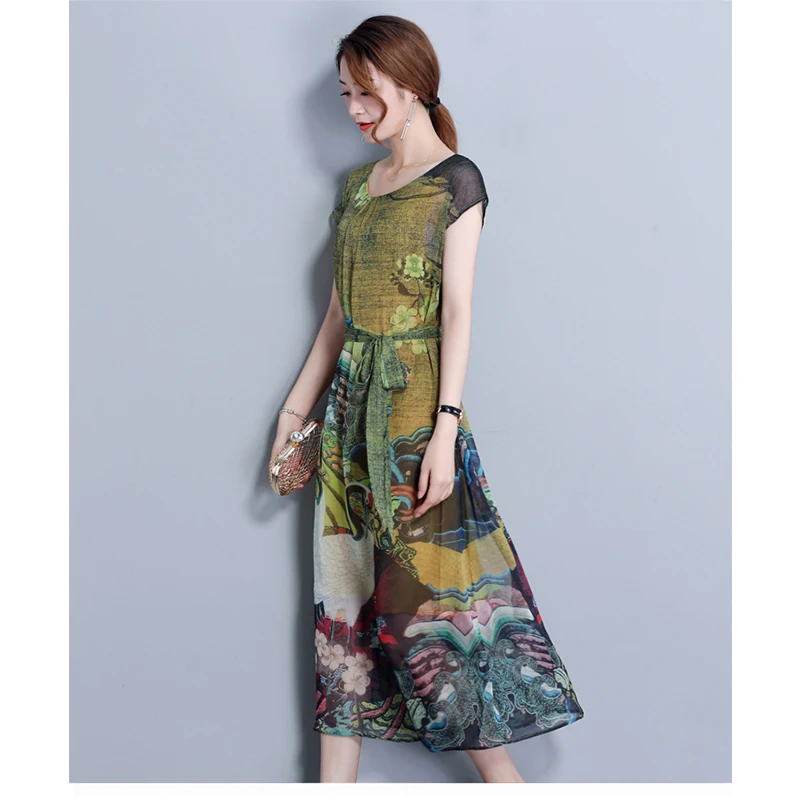 Весенне летнее зеленое винтажное платье с цветочным принтом женское шелковое