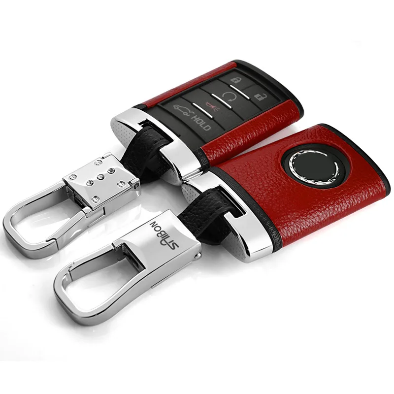 Red with keyring Верхний слой кожи+ ABS ключ крышка оболочки ключа автомобиля ключ чехол для Cadillac CTS XTS ATS XLS SRX брелок аксессуары - Название цвета: Red with keyring