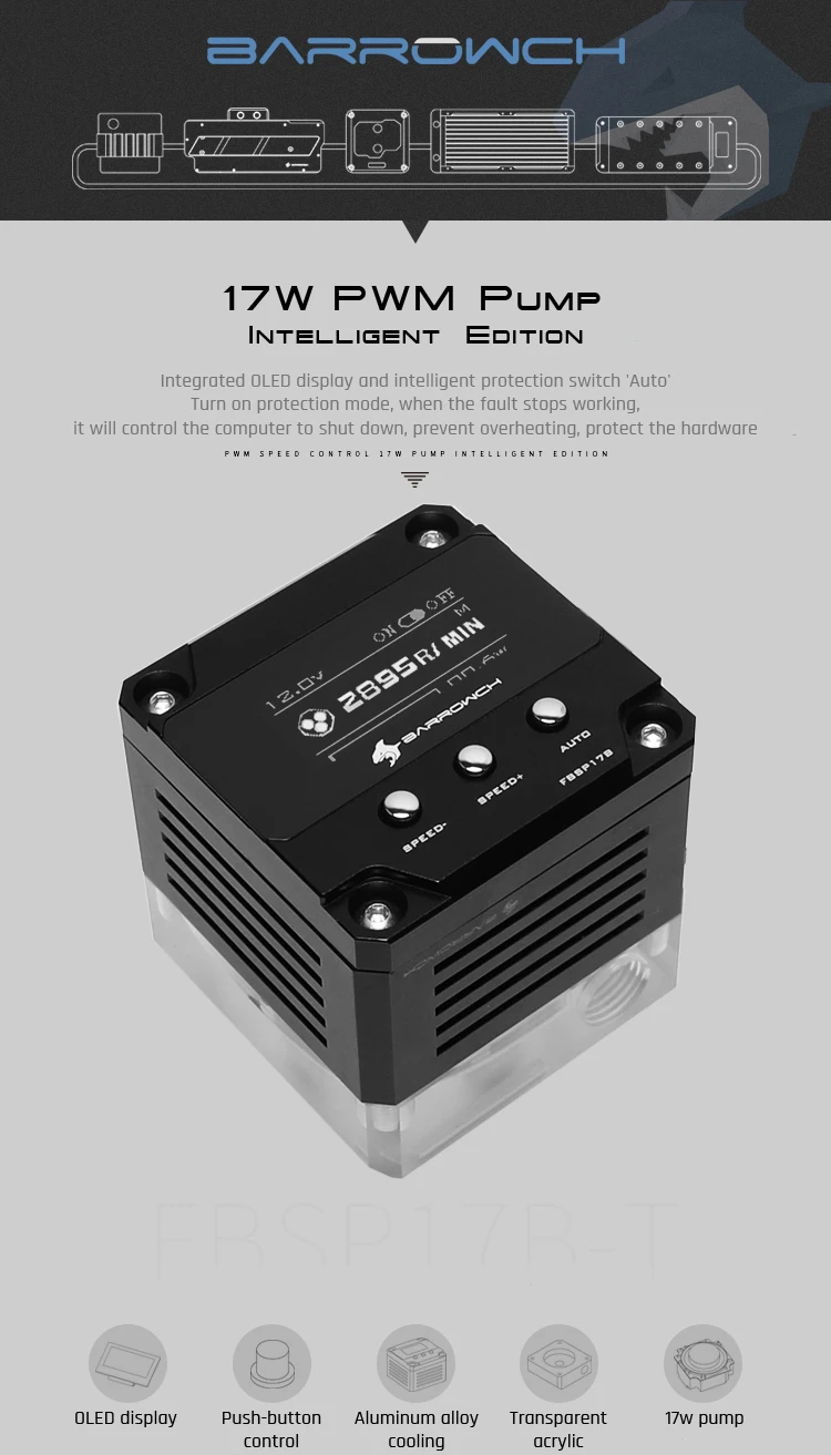 Barrowch FBSP17B, 17 Вт PWM интеллектуальный насос, OLED цифровой дисплей, DDC серия, ручной и ШИМ контроль скорости водяного Охлаждения Насос