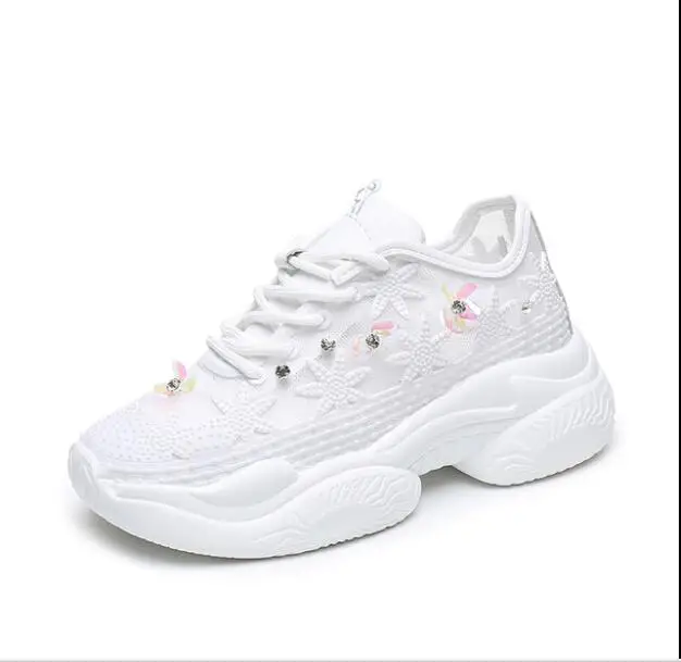 Новые сетчатые кружевные Для женщин на платформе папа кроссовки модные стразы