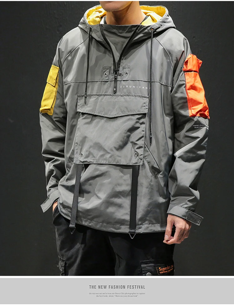 Hip Hop Spring Jackets Men Windbreaker Patchwork Autumn Loose Casual Hooded Jacket Male Coats Zipper Tracksuit Streetwear