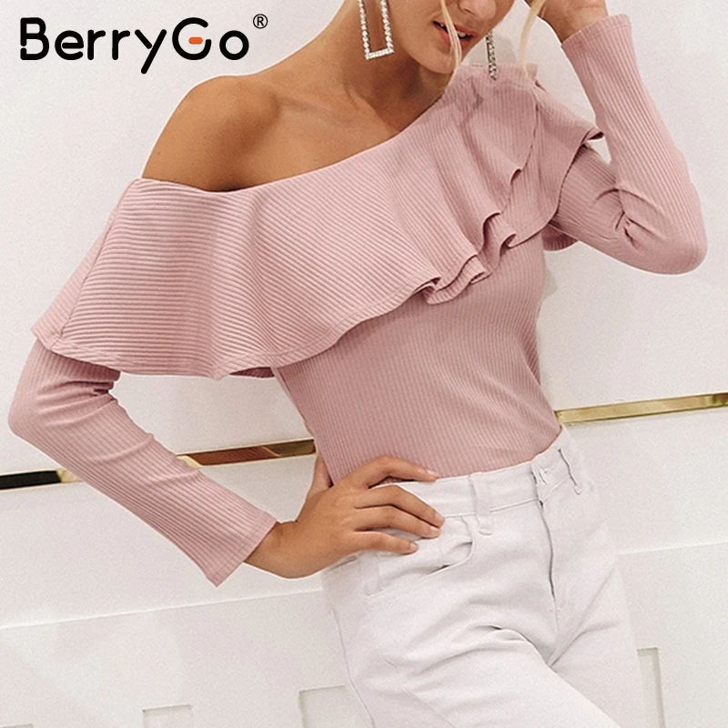 BerryGo, на одно плечо, с оборками, вязанная блузка, рубашки,, сексуальная, тонкая, осенняя блузка, топы для женщин, на каждый день, с длинным рукавом, blusas, топы для женщин